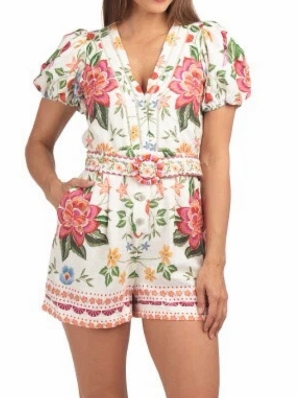 Hilary Radley Linen Blend Floral Embroidered Romper
